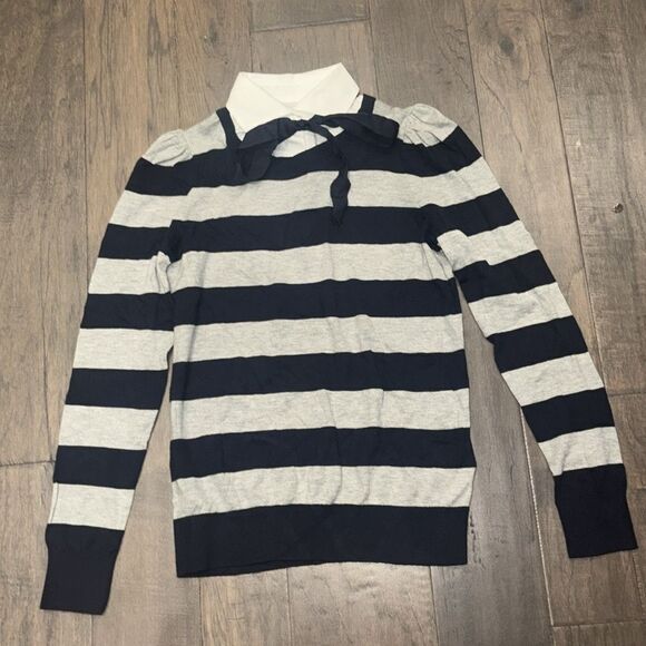 RALPH LAUREN Navy/Gray/White Layered-Look Tie-Neck Striped Sweater Sz S NWT - Picture 5 of 10